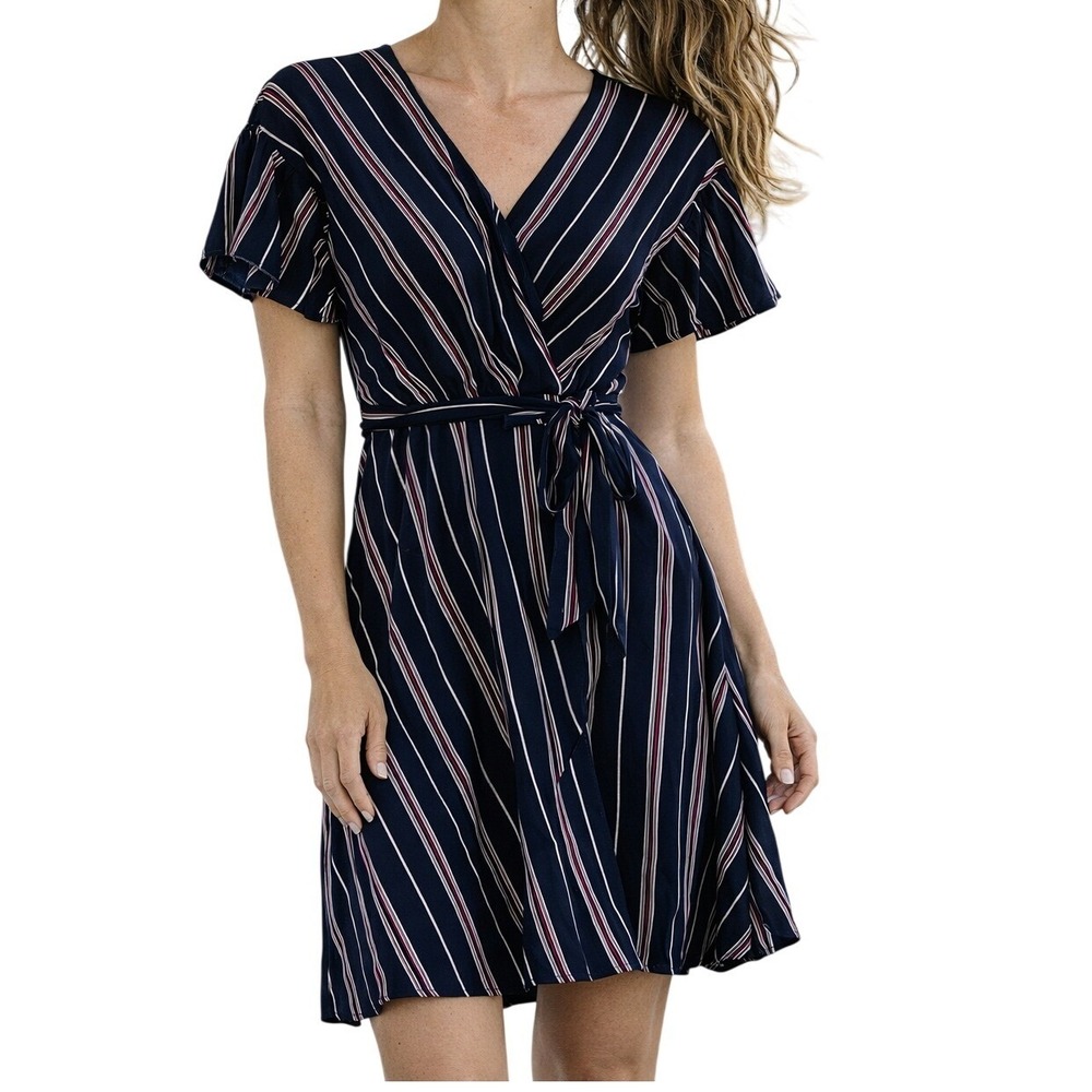 *NWT*‎ Mittoshop Striped Midi Dress Women Medium Navy Red White Ruffle Sleeve